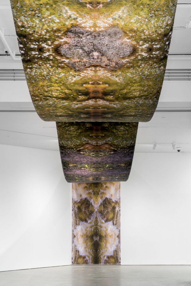 Carolina Caycedo, Wanaawna, 2019, vue d’installation à la Galerie de l’UQAM dans le cadre de MOMENTA 2021. Commandée par l’Orange County Museum of Art (Californie), acquisition du musée réalisée grâce aux fonds récoltés par le LOVE x OCMA Fund for Artists. Photo : Jean-Michael Seminaro